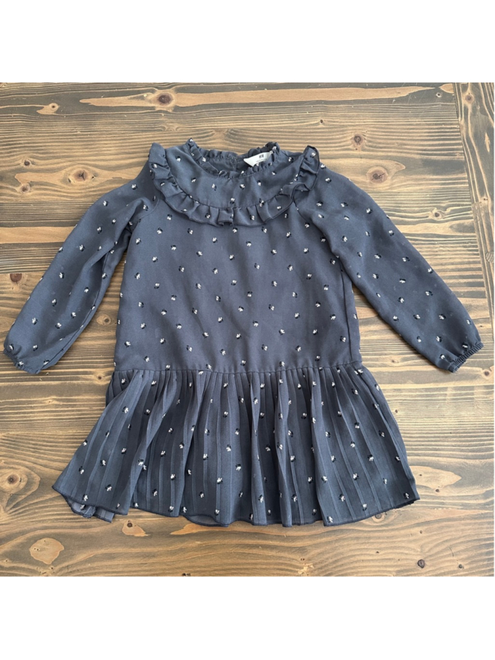 H&M Girls Gray Floral Drop Waist Chiffon Dress Size 6 Ruffle Collar